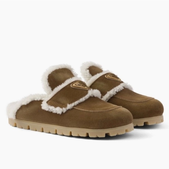 PRADA triangle logo shearling lined suede leather mules slippers flats - Picture 1 of 6
